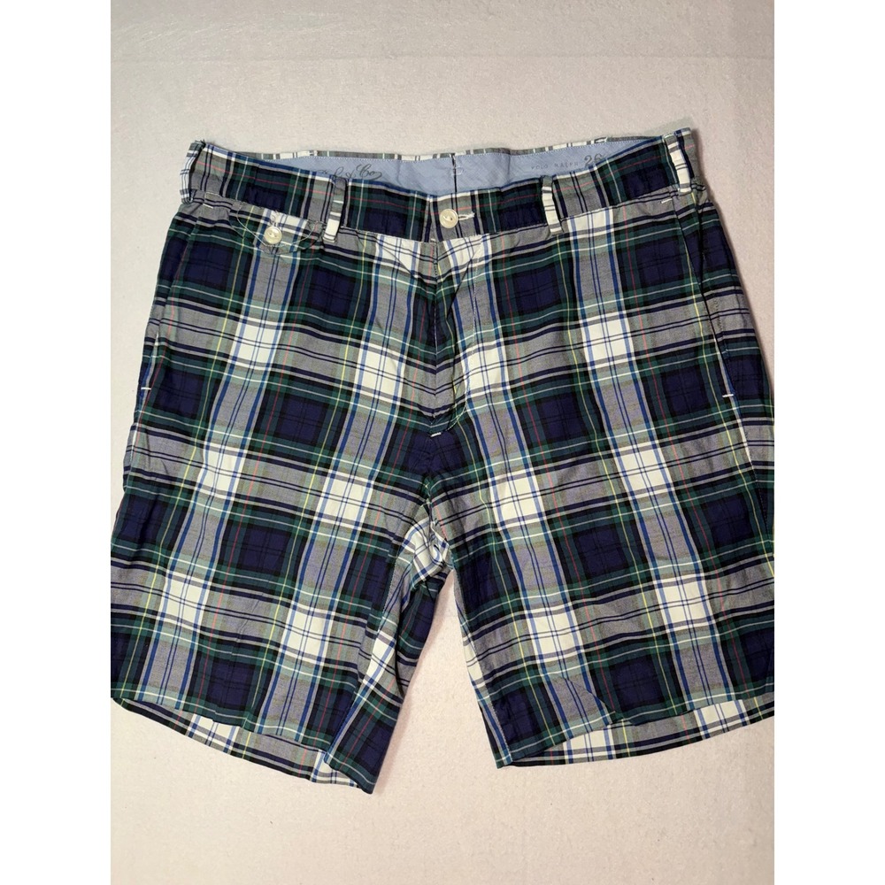 Polo Ralph Lauren Mens Slim GI Fit Plaid Shorts Navy Blue Green Cotton Size 32